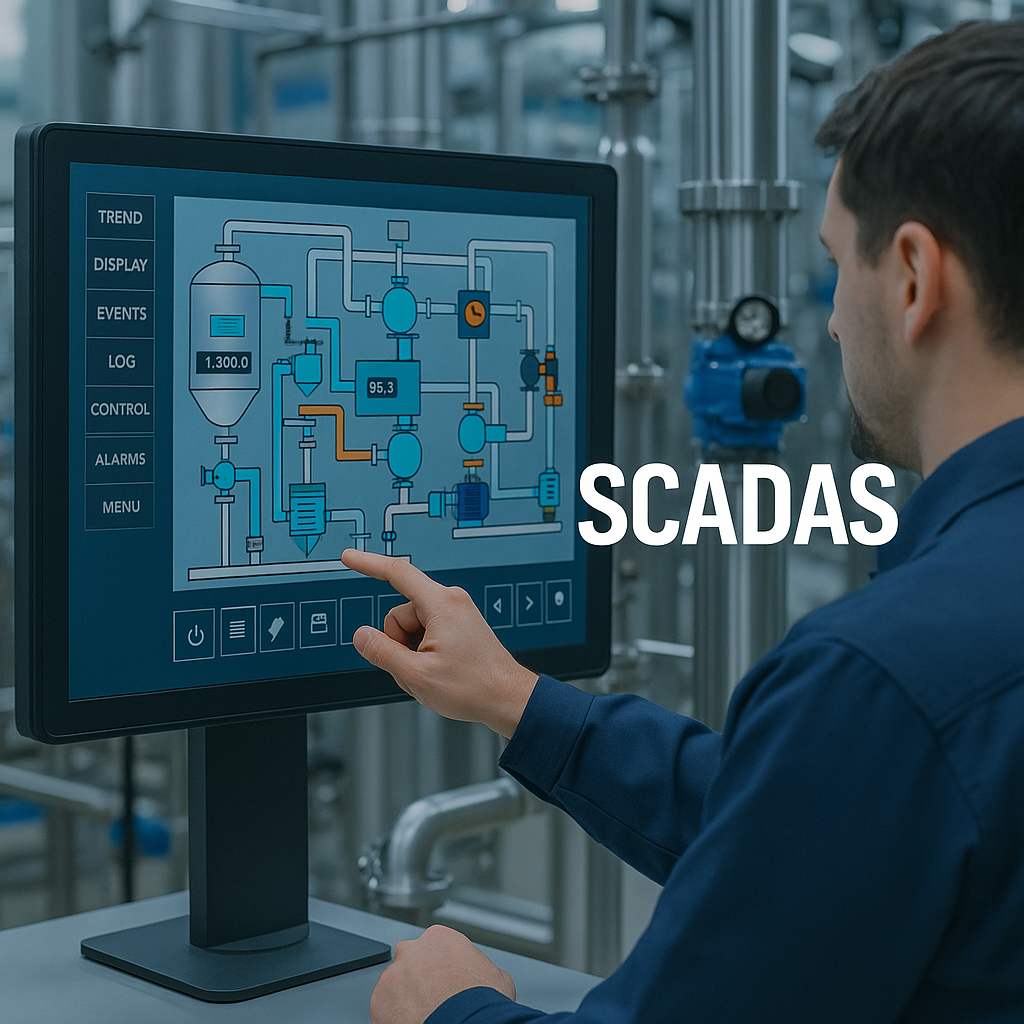 Ingeniero supervisando sistema SCADA con pantalla de control industrial y gráficos de procesos en planta automatizada de Zaragoza