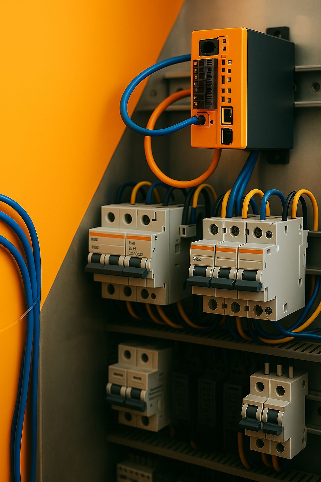 Instalación eléctrica industrial con cuadros de distribución, cableado ordenado y sistema de automatización PLC en colores naranjas y verdes de ProAseD en Zuera, Zaragoza.